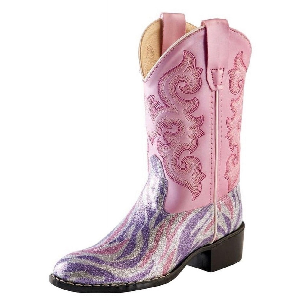 Kids Pink Glitter Zebra Print Western Cowgirl Boots Pointed Toe Block Heel